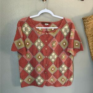 Peruvian Connection Red and Cream Crochet Blouse